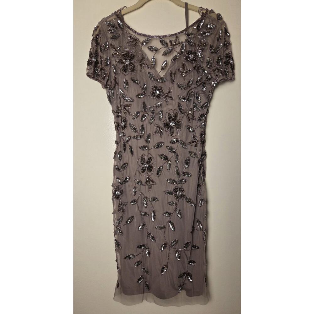 Adrianna Papell Dress Women 2P Blush Floral Mesh Slip Beaded Crystal Embellish